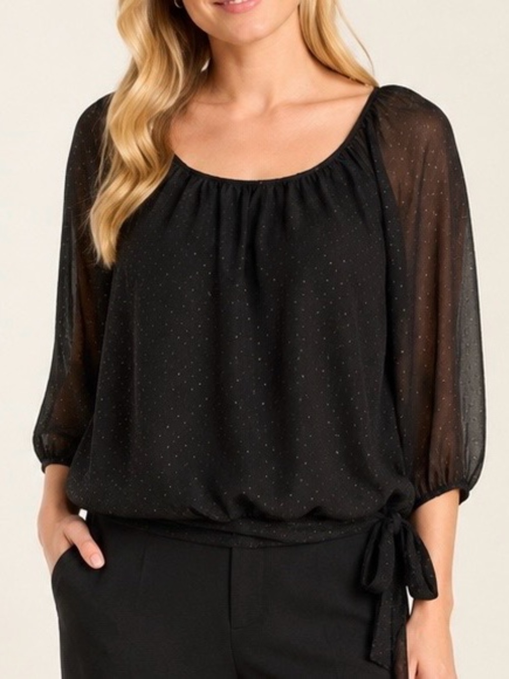Elle Black Gold Sequin Top with Side Tie Sheer Sleeves Scoop Neck XL